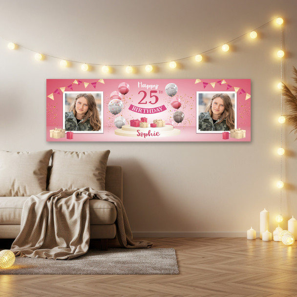 Personalised Party Banner For 25th Birthday With Photo Female Pink Balloon Gift Personalised Party Banner For 25th Birthday With Photo Female Pink Balloon Gift