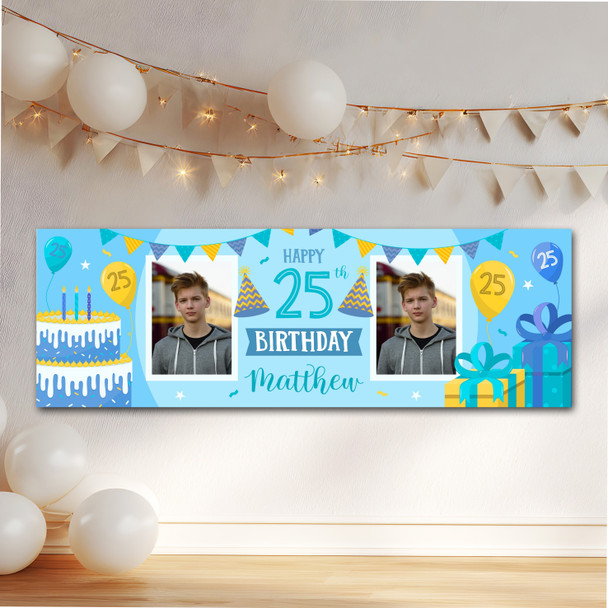 Personalised Party Banner For 25th Birthday With Photo Male Blue Cake Gift