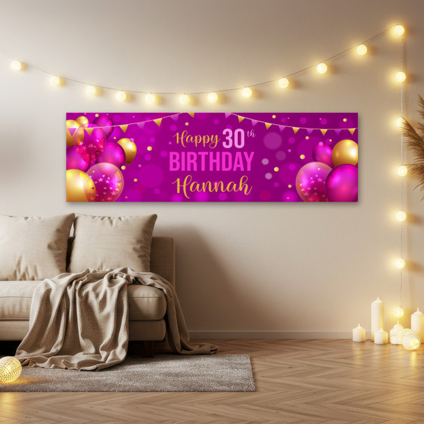 Personalised Party Banner For 30th Birthday Female Pink Gold Balloons
