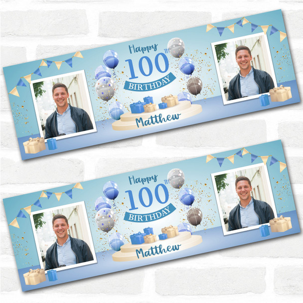 Personalised Party Banner For 100th Birthday With Photo Male Blue Balloon Gift