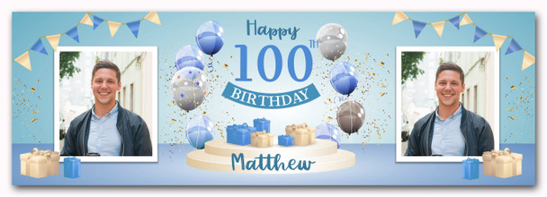 Personalised Party Banner For 100th Birthday With Photo Male Blue Balloon Gift