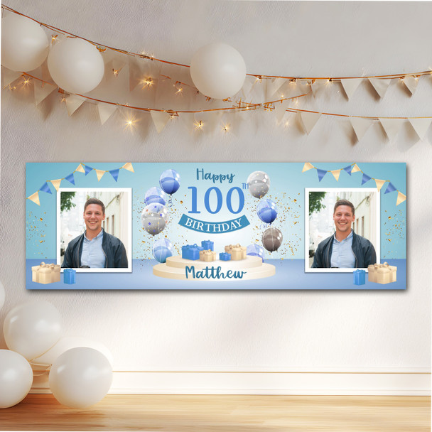 Personalised Party Banner For 100th Birthday With Photo Male Blue Balloon Gift