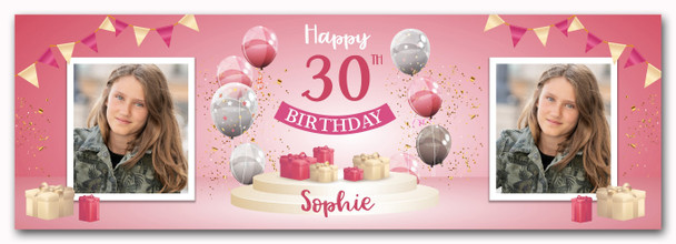 Personalised Party Banner For 30th Birthday With Photo Female Pink Balloon Gift Personalised Party Banner For 30th Birthday With Photo Female Pink Balloon Gift