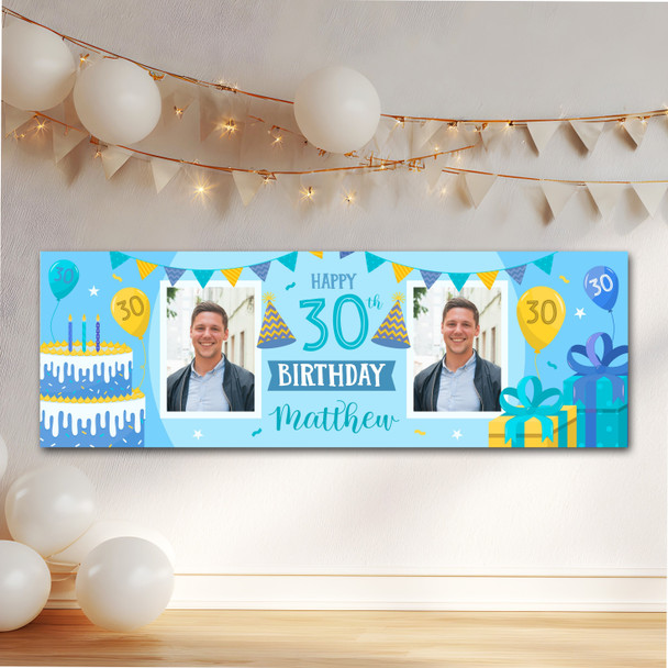 Personalised Party Banner For 30th Birthday With Photo Male Blue Cake Gift