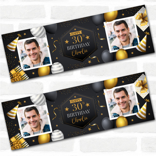 Personalised Party Banner For 30th Birthday With Photo Male Gold Black Balloons