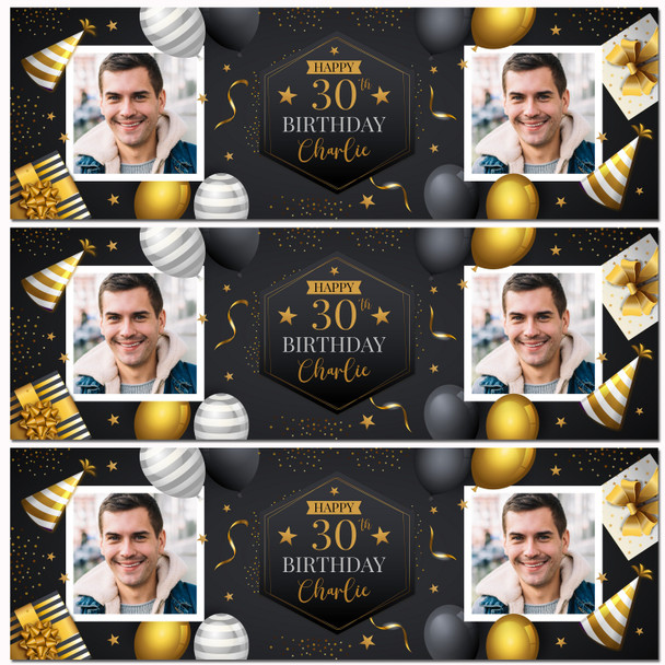 Personalised Party Banner For 30th Birthday With Photo Male Gold Black Balloons