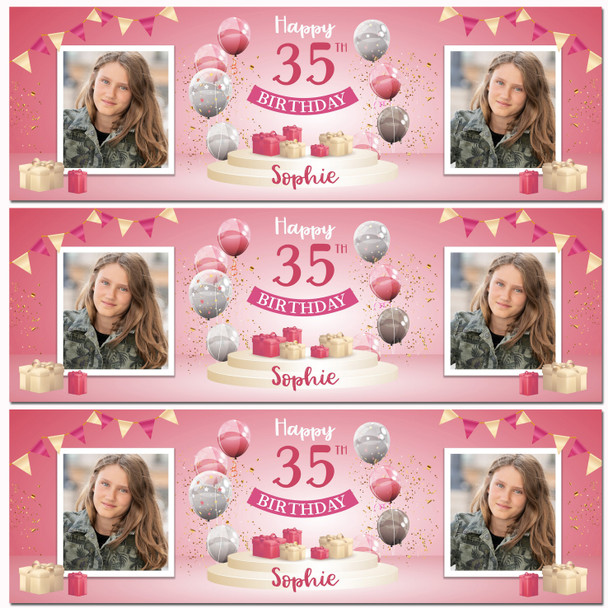 Personalised Party Banner For 35th Birthday With Photo Female Pink Balloon Gift Personalised Party Banner For 35th Birthday With Photo Female Pink Balloon Gift