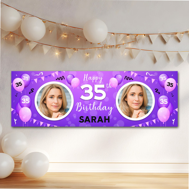 Personalised Party Banner For 35th Birthday With Photo Female Purple Balloons