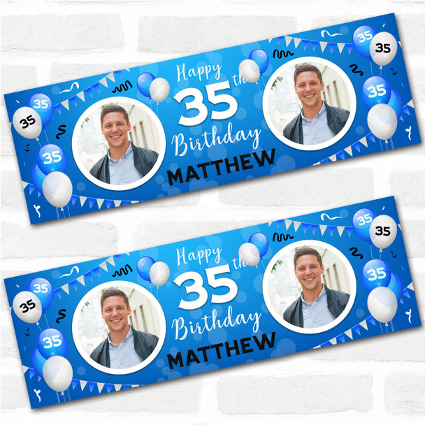 Personalised Party Banner For 35th Birthday With Photo Male Blue Balloons