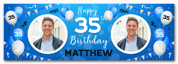 Personalised Party Banner For 35th Birthday With Photo Male Blue Balloons