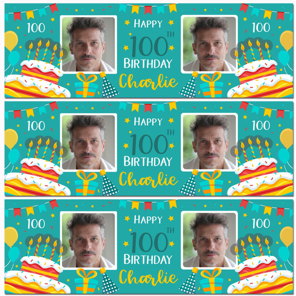 Personalised Party Banner For 100th Birthday With Photo Male Turquoise Cake