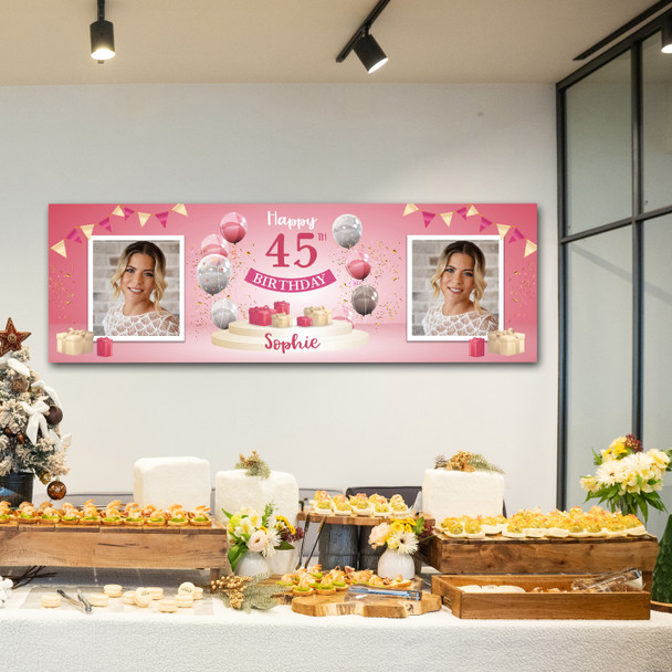 Personalised Party Banner For 45th Birthday With Photo Female Pink Balloon Gift