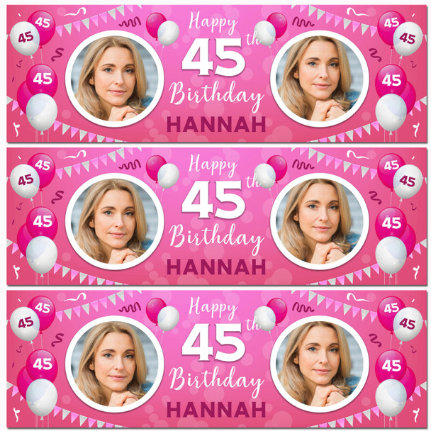 Personalised Party Banner For 45th Birthday With Photo Female Pink Balloons Personalised Party Banner For 45th Birthday With Photo Female Pink Balloons