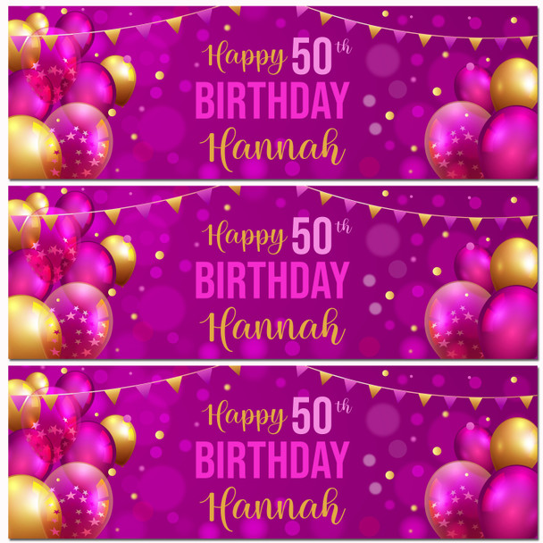 Personalised Party Banner For 50th Birthday Female Pink Gold Balloons