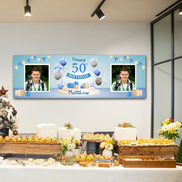 Personalised Party Banner For 50th Birthday With Photo Male Blue Balloon Gift