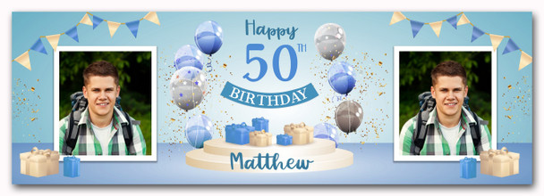 Personalised Party Banner For 50th Birthday With Photo Male Blue Balloon Gift