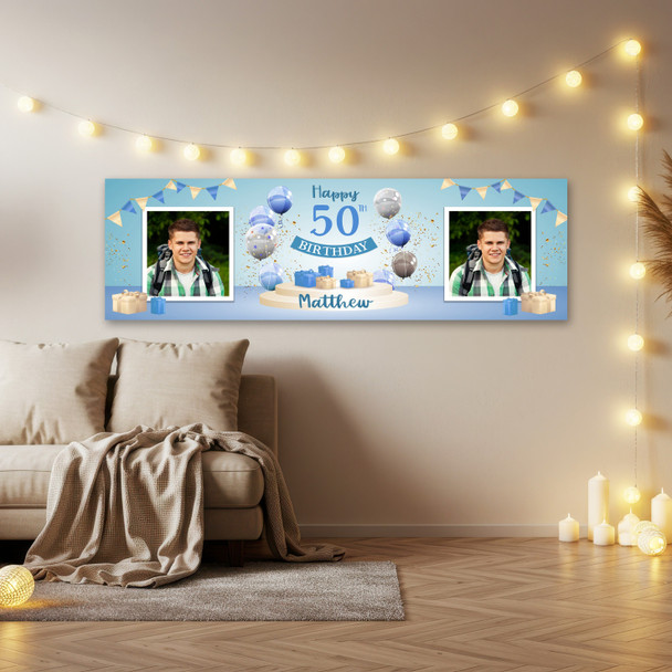 Personalised Party Banner For 50th Birthday With Photo Male Blue Balloon Gift
