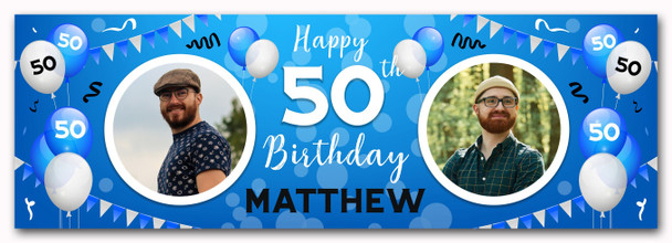 Personalised Party Banner For 50th Birthday With Photo Male Blue Balloons