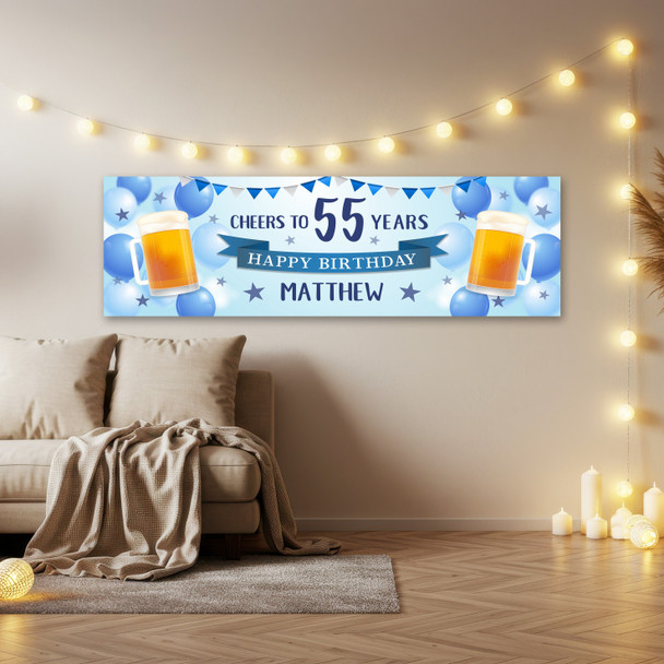 Personalised Party Banner For 55th Birthday Male Beer Blue Balloons