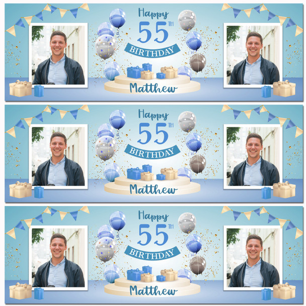 Personalised Party Banner For 55th Birthday With Photo Male Blue Balloon Gift Personalised Party Banner For 55th Birthday With Photo Male Blue Balloon Gift