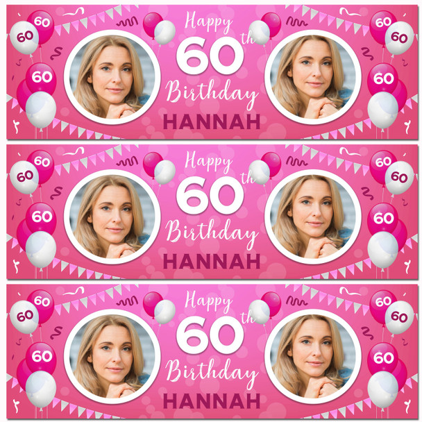 Personalised Party Banner For 60th Birthday With Photo Female Pink Balloons Personalised Party Banner For 60th Birthday With Photo Female Pink Balloons