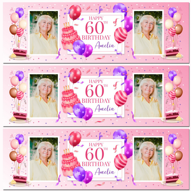 Personalised Party Banner For 60th Birthday With Photo Female Pink Cake