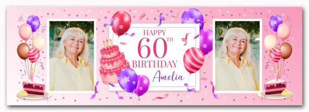 Personalised Party Banner For 60th Birthday With Photo Female Pink Cake
