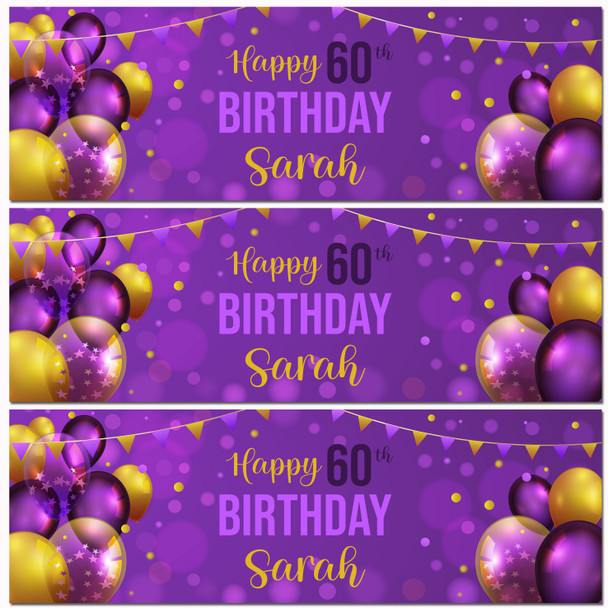 Personalised Party Banner For 60th Birthday Purple Gold Balloons