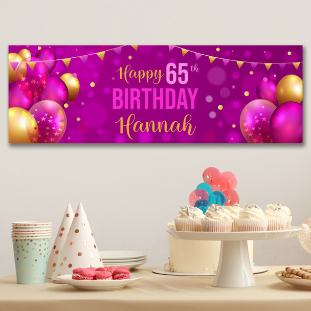 Personalised Party Banner For 65th Birthday Female Pink Gold Balloons