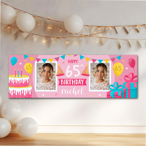 Personalised Party Banner For 65th Birthday With Photo Female Pink Cake Gift