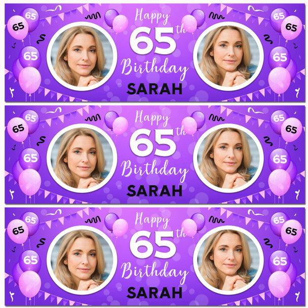 Personalised Party Banner For 65th Birthday With Photo Female Purple Balloons Personalised Party Banner For 65th Birthday With Photo Female Purple Balloons