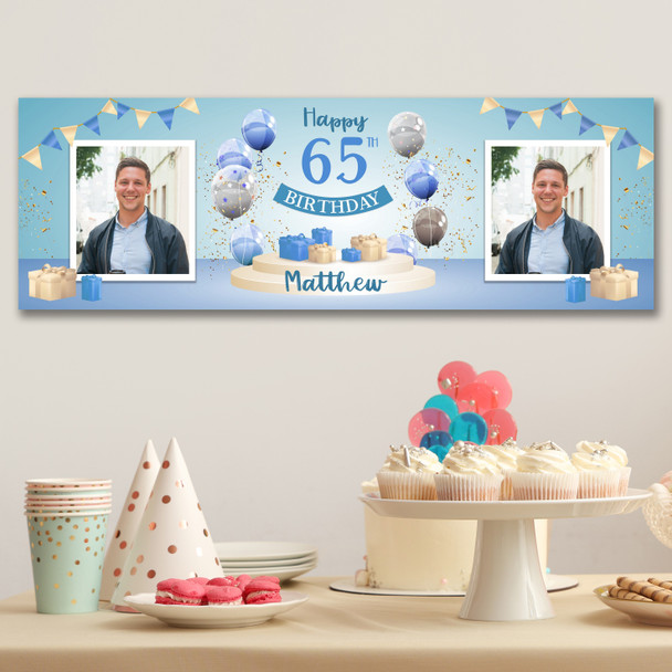 Personalised Party Banner For 65th Birthday With Photo Male Blue Balloon Gift