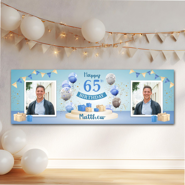 Personalised Party Banner For 65th Birthday With Photo Male Blue Balloon Gift