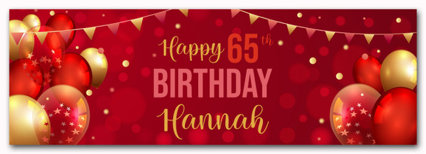Personalised Party Banner For 65th Birthday Red Gold Balloons
