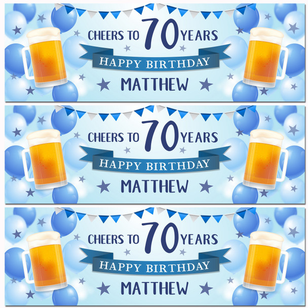 Personalised Party Banner For 70th Birthday Male Beer Blue Balloons
