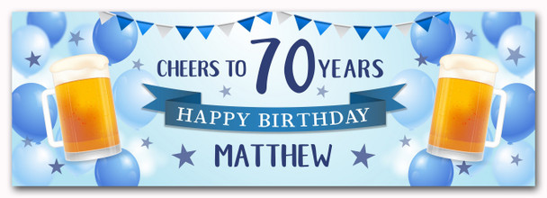Personalised Party Banner For 70th Birthday Male Beer Blue Balloons