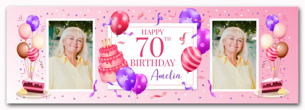 Personalised Party Banner For 70th Birthday With Photo Female Pink Cake