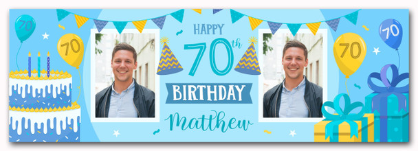 Personalised Party Banner For 70th Birthday With Photo Male Blue Cake Gift