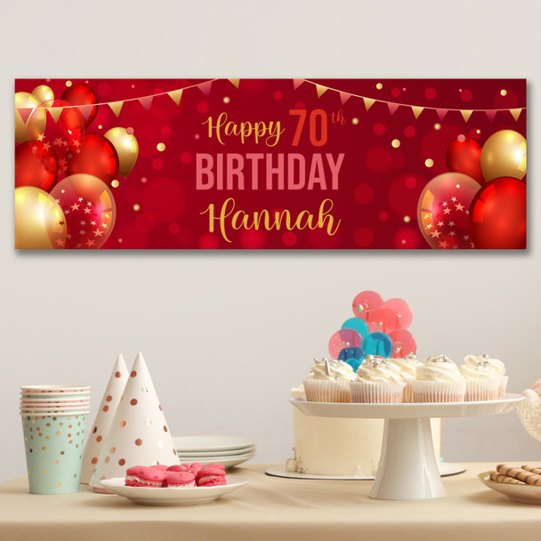 Personalised Party Banner For 70th Birthday Red Gold Balloons