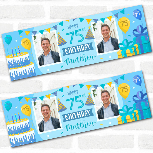 Personalised Party Banner For 75th Birthday With Photo Male Blue Cake Gift