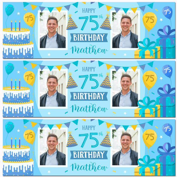 Personalised Party Banner For 75th Birthday With Photo Male Blue Cake Gift