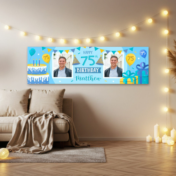 Personalised Party Banner For 75th Birthday With Photo Male Blue Cake Gift