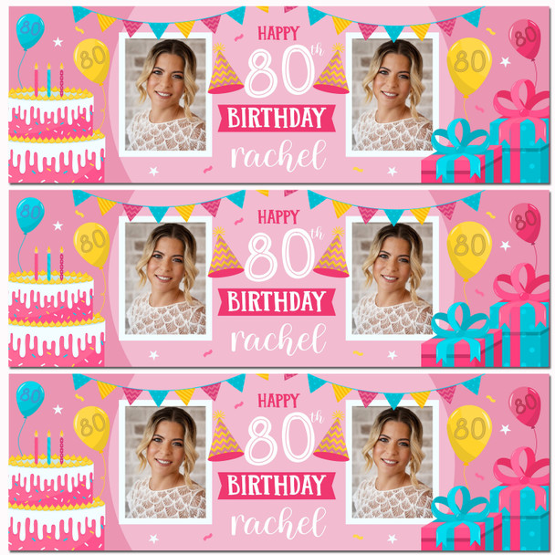 Personalised Party Banner For 80th Birthday With Photo Female Pink Cake Gift