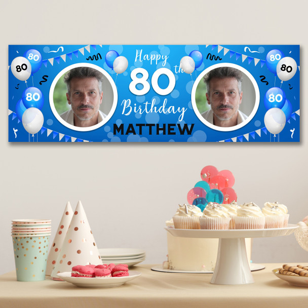 Personalised Party Banner For 80th Birthday With Photo Male Blue Balloons
