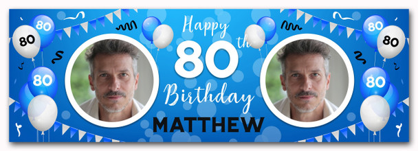Personalised Party Banner For 80th Birthday With Photo Male Blue Balloons