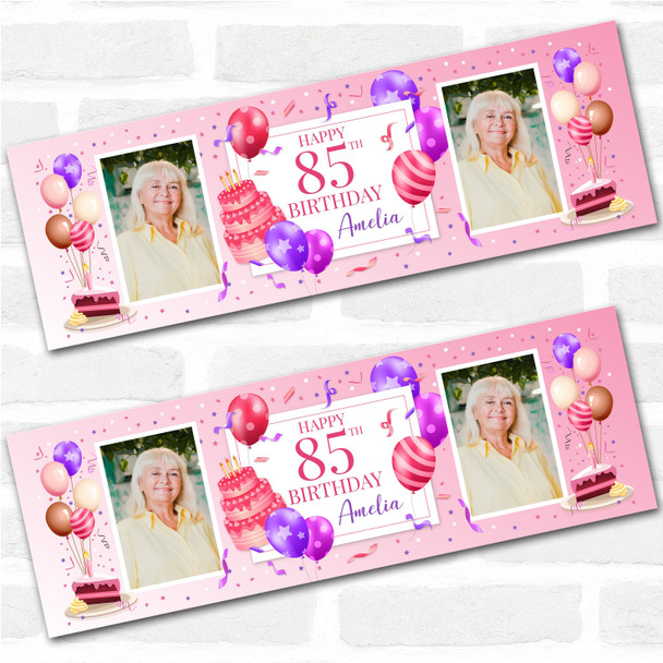 Personalised Party Banner For 85th Birthday With Photo Female Pink Cake