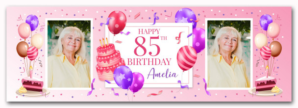 Personalised Party Banner For 85th Birthday With Photo Female Pink Cake