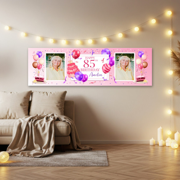 Personalised Party Banner For 85th Birthday With Photo Female Pink Cake
