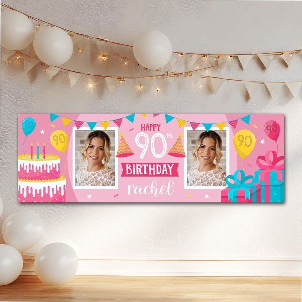 Personalised Party Banner For 90th Birthday With Photo Female Pink Cake Gift