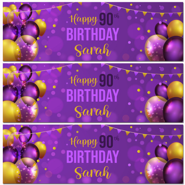 Personalised Party Banner For 90th Birthday Purple Gold Balloons